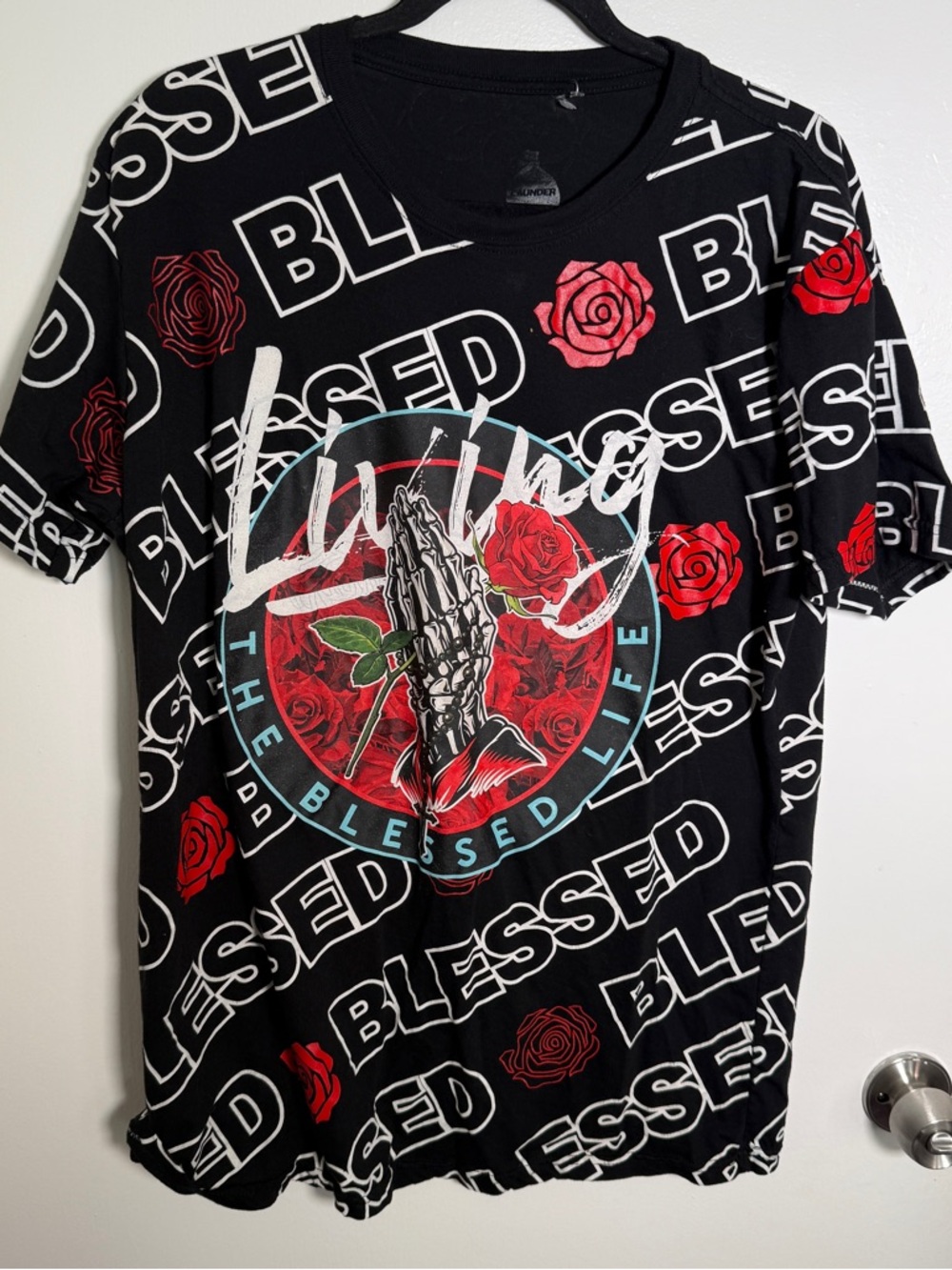 Blessed Living Black Graphic Men’s T-Shirt with Red Rose Motif Large